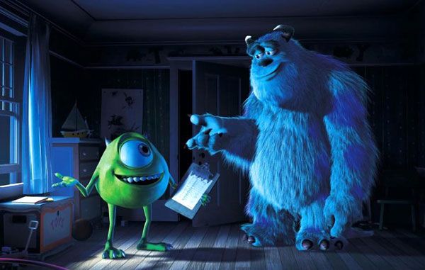 Mike Wazowski and James Sullivan go about their job of scaring little children in MONSTERS, INC.