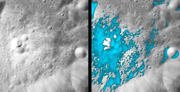 Two photos showing the lunar surface, and where water is located beneath it.