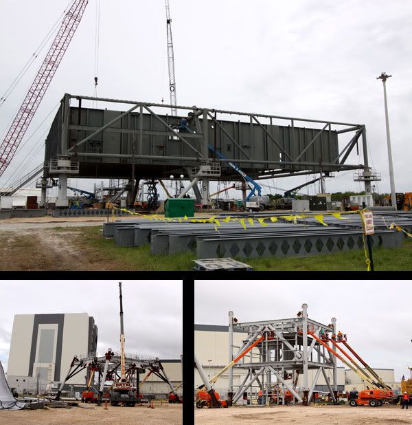 Photos showing the Ares I rocket's mobile launcher platform and umbilical tower being constructed.
