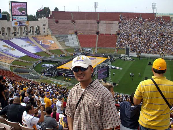 At the Lakers' 2009 championship rally in the Los Angeles Memorial Coliseum.