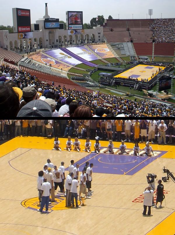 TOP PIC: More people continue to show up at the Coliseum to watch the 2009 NBA champs give speeches.  BOTTOM PIC: Laker players take the stage.  Or should I say...court.