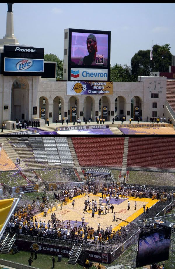 TOP PIC: Kobe Bryant addresses the crowd.  BOTTOM PIC: Streamers and confetti mark the end of the victory rally, and the Lakers' championship season.
