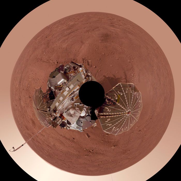 A bird's-eye view of the Phoenix lander on Mars.