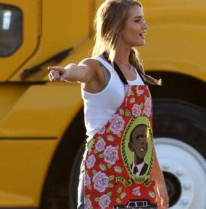 Rosie Hungtington-Whiteley wears an apron in TRANSFORMERS 3.  An Obama apron, that is.