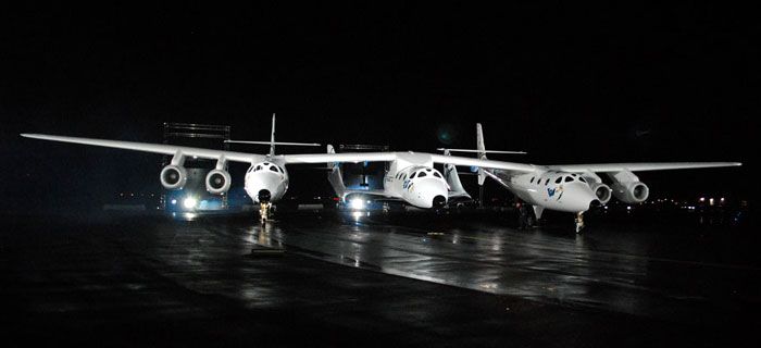 SpaceShipTwo, also known as the VSS Enterprise, as seen with the aircraft that will launch it into space: the White Knight II (also known as Eve).