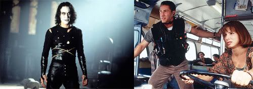 PIC 1: Brandon Lee in THE CROW.  PIC 2: Keanu Reeves tries to save Sandra Bullock's life in SPEED.