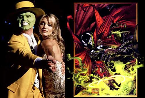PIC 1: Jim Carrey and Cameron Diaz share a dance in THE MASK.  PIC 2: A Todd McFarlane drawing of SPAWN.