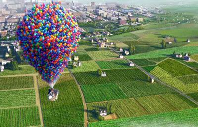 Under the support of thousands of balloons, Carl's house takes off for a flight of adventure in UP.