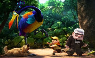 Carl, Russell and their animal companions, Dug the dog and Kevin the bird, in UP.