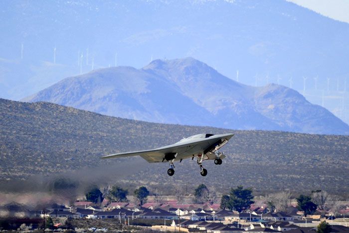 The X-47B UCAS-D drone takes off on its maiden flight from Edwards Air Force Base in California on February 4, 2011.