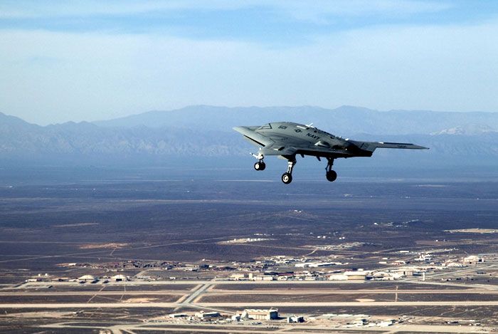The X-47B UCAS-D drone flies above Edwards Air Force Base in California on February 4, 2011.