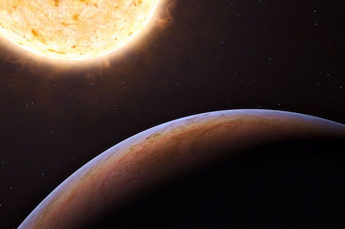 An artist's concept of the exoplanet HIP 13044 b orbiting its parent star.
