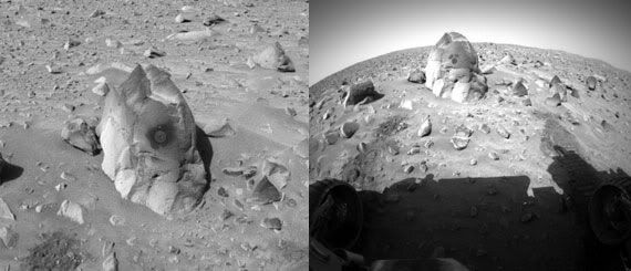 Two photos of the Humphrey rock that was studied by the Spirit rover