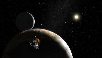 Concept artwork depicting the New Horizons spacecraft passing by Pluto and its satellite Charon