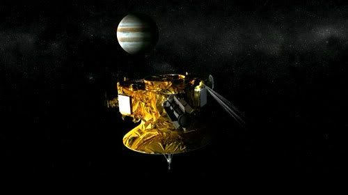 In this screenshot from an animated video, New Horizons fires a thruster to get into position to observe Jupiter.