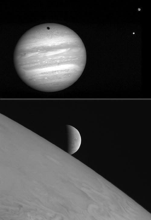 PIC 1: Jupiter looms prominently as Ganymede (whose shadow is cast near the gas giant's north pole) and Io (to the bottom) orbit to the right of it.  PIC 2: Europa emerges from behind Jupiter's disk.