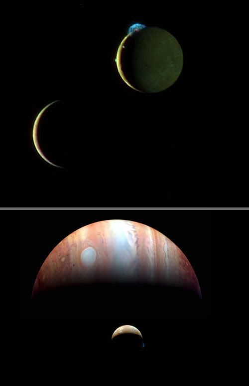 PIC 1: A composite image of Europa (bottom left) and Io (upper right).  PIC 2: Another composite image of Jupiter and Io.