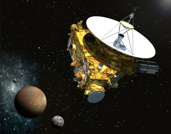 An illustration depicting NASA's New Horizons spacecraft passing by the dwarf planet Pluto.