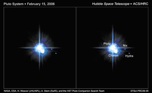 A Hubble Space Telescope image showing Pluto with its three known moons.