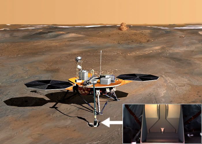 An artist's concept of the Phoenix Mars lander.  The small photo towards the bottom right shows the Robotic Arm scoop.  This image was taken in early September...when the spacecraft was 57 million miles away from Earth.