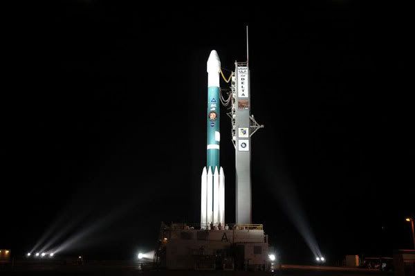 The Delta II rocket carrying the Phoenix spacecraft stands poised for launch at Pad 17-A, at the Cape Canaveral Air Force Station in Florida.