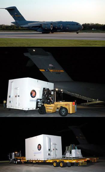 A photo montage showing the crate carrying Phoenix, as it is being unloaded from the C-17 cargo plane that transported it from Colorado to Kennedy Space Center in Florida.