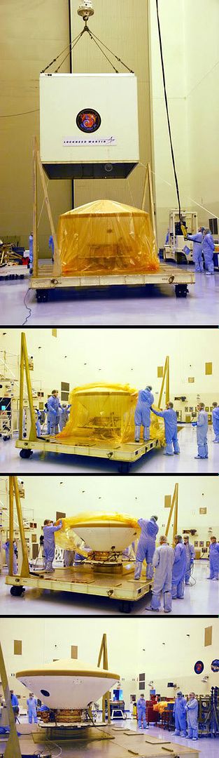 A photo montage showing technicians removing the crate and protective wrapping from around Phoenix (which is inside its protective back shell) at the Payload Hazardous Servicing Facility in Florida's Kennedy Space Center.