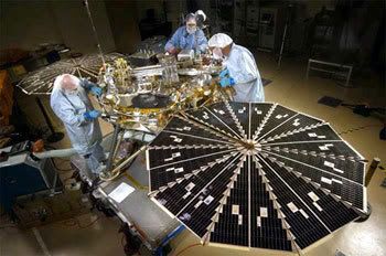 Technicians work on the Phoenix lander at the Lockheed Martin facility in Colorado.