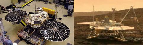 LEFT: NASA's Phoenix spacecraft undergoes testing at the Lockheed Martin facility in Colorado.  RIGHT: Computer rendition of the Phoenix spacecraft on the Martian surface.