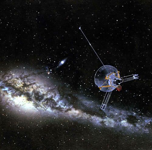 A painting depicting a Pioneer spacecraft venturing through the Milky Way Galaxy
