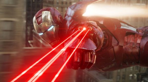 Iron Man uses one of his many awesome weapons against an unseen enemy in THE AVENGERS.