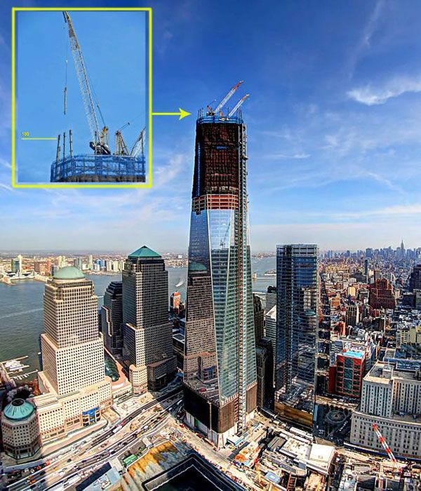 This photo of the 1 WTC is modified to show the point where the skyscraper's 100th floor will be once it is completed.