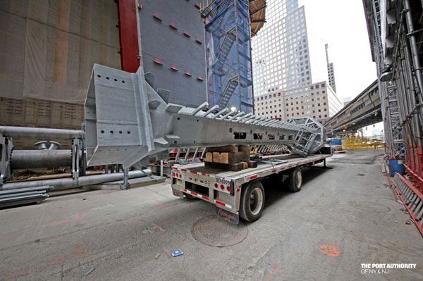 The final segment of the 1 World Trade Center's antenna spire awaits its transport to the top of the building on March 12, 2013.