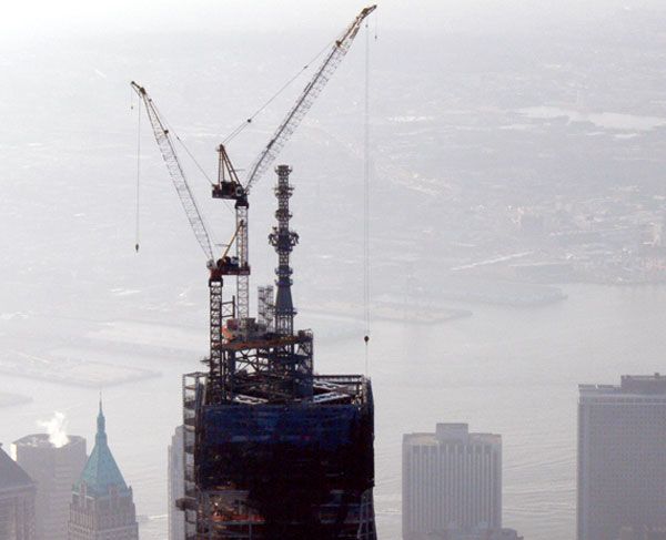 An aerial view of the antenna spire atop the 1 World Trade Center in New York City, on February 15, 2013.