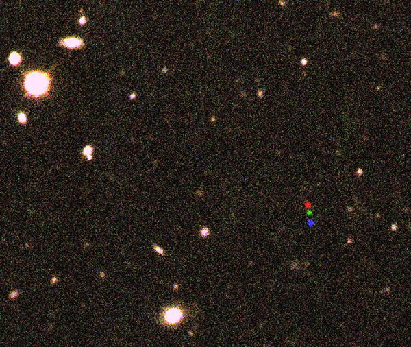 The red, green and blue dots denote the movement of 2012 VP113...a planetary object located in the inner Oort Cloud that is currently the farthest known world in our Solar System.