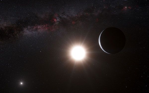 An artist's concept of an exoplanet orbiting the star Alpha Centauri B, a member of the triple star system that is the closest to Earth.