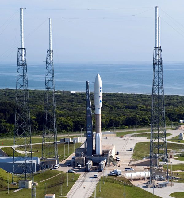 The Atlas V rocket carrying the Juno spacecraft stands poised for launch at Cape Canaveral Air Force Station's Pad 41, on August 4, 2011.