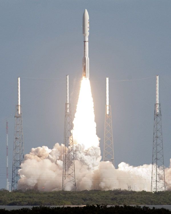 The Atlas V rocket carrying the Curiosity Mars rover is launched from Cape Canaveral Air Force Station in Florida on November 26, 2011.
