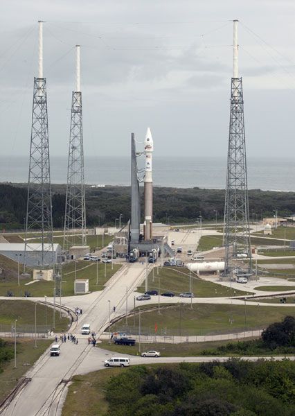 The Atlas V rocket carrying NASA's Mars-bound MAVEN orbiter sits at its Space Launch Complex 41 pad at Cape Canaveral Air Force Station in Florida, on November 16, 2013.