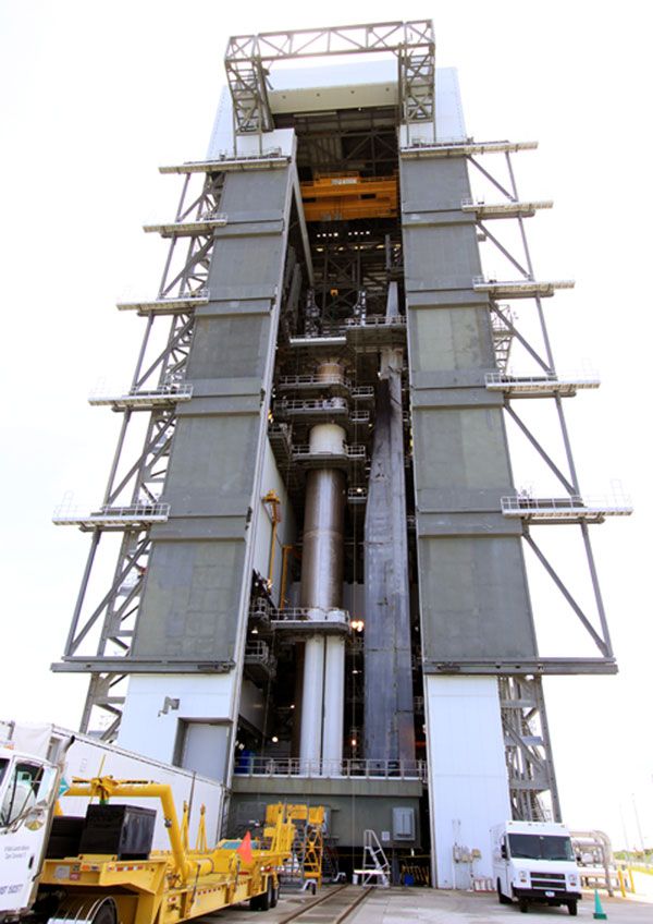 The Atlas V rocket that will launch the Curiosity Mars rover to the Red Planet this November takes shape in Florida.