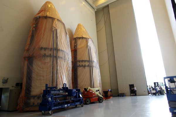 Wrapped in plastic: both halves of the Atlas V payload fairing that will enshroud the Curiosity Mars rover during launch on November 25.
