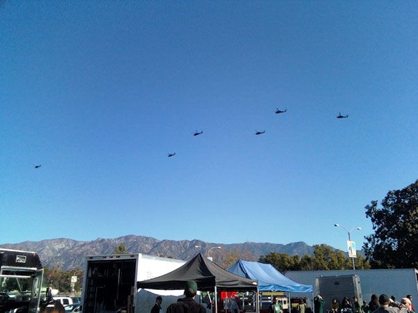 Several U.S. Army Black Hawk helicopters fly over the city of Pasadena, on December 16, 2011.