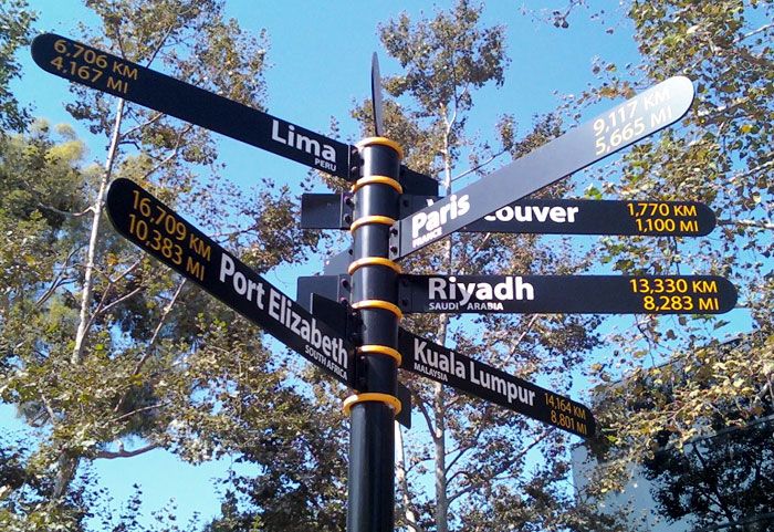 A new signpost at CSULB...showing the distance to different cities around the world.