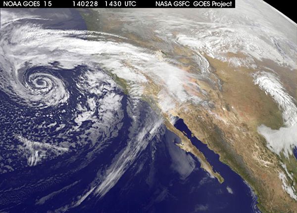 A satellite image showing a strong winter storm that's hitting Southern California this weekend.