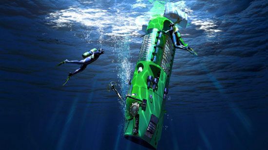 An artist's concept showing the Deepsea Challenger submersible being lowered into the water.