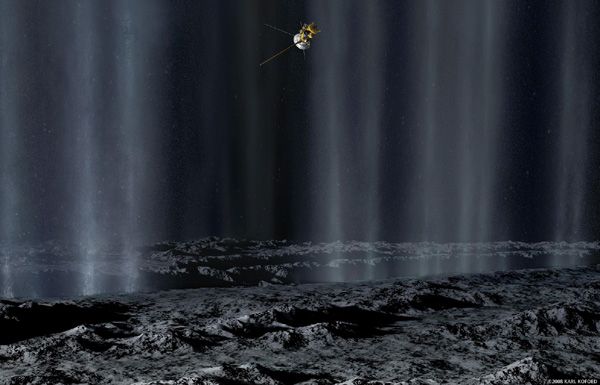 An illustration depicting NASA's Cassini spacecraft flying through water vapor plumes spewing from the surface of Saturn's moon Enceladus.