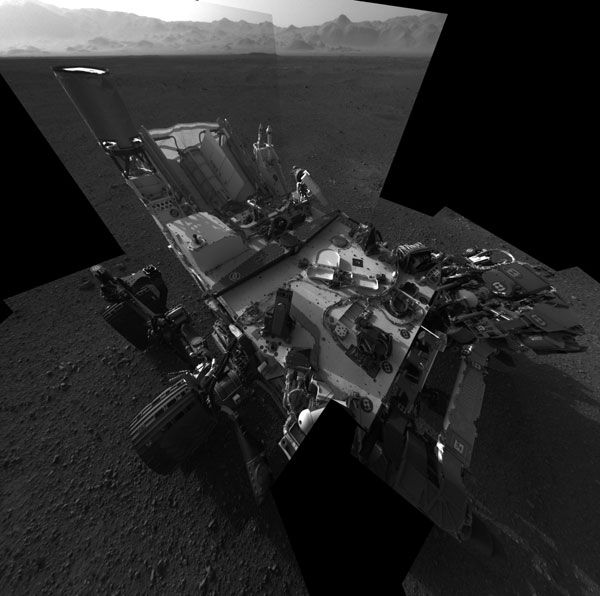 A Navigation camera image of the Curiosity rover on the surface of Mars...taken on August 7, 2012 (Pacific Daylight Time).