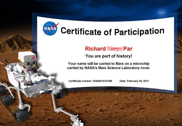 My participation certificate for the Mars Science Laboratory mission.
