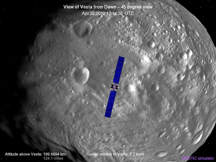 A computer-generated image depicting the Dawn spacecraft's current position from asteroid Vesta.