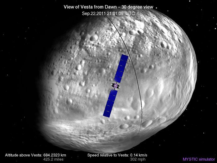 A computer-generated image depicting the Dawn spacecraft's current position above asteroid Vesta.
